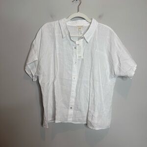 NWT Eileen Fisher Organic Linen White Classic Collar Blouse Large Resort Travel